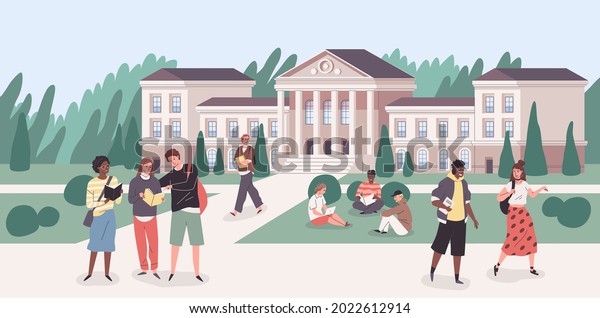 University park.\
Young people groups walking with books in student campus. Cartoon\
cityscape with college building. Happy guys and girls study and\
communicate in yard. Vector\
concept