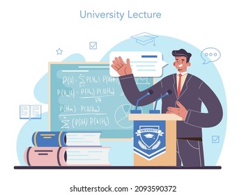 University professor concept. Lecturer standing in front of chalkboard with formulas. University rector profession, bachelor and master degree diploma. Flat vector illustration