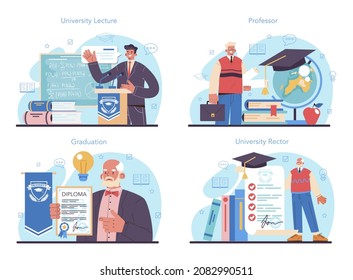 University professor concept set. Lecturer standing in front of chalkboard with formulas. University rector profession, bachelor and master degree diploma. Flat vector illustration