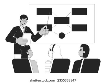 University professor lecture bw vector spot illustration. Lecturer teaching college students 2D cartoon flat line monochromatic characters for web UI design. Editable isolated outline hero image