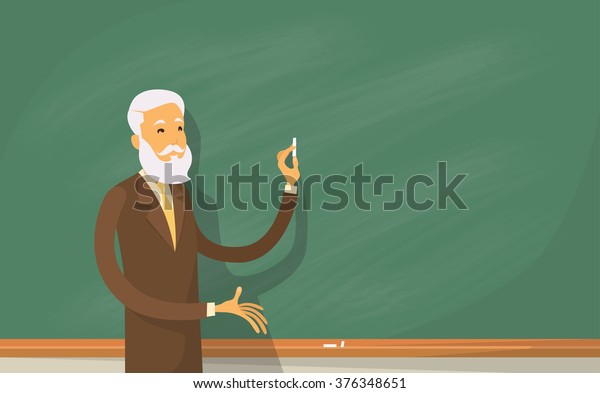 大学教授教室の講師 緑のボードの上に立ち チョークを持つ平らなベクターイラスト のベクター画像素材 ロイヤリティフリー