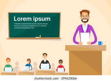 University Professor Lecture Speech Teacher College Class, Group of Students People, Business Seminar Flat Vector Illustration
