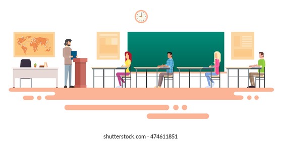 University Professor Lecture Speech Teacher College Class, Group Of Students People, Business Seminar Flat Vector Illustration