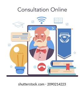 University professor online service or platform. Lecturer standing in front of chalkboard. Bachelor and master degree diploma. Online consultation. Vector illustration