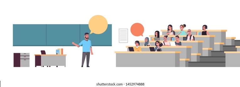 University Professor Over Blackboard Chat Bubble Communication With Students Sitting At College Lecture Hall Education Concept Flat Full Length Horizontal