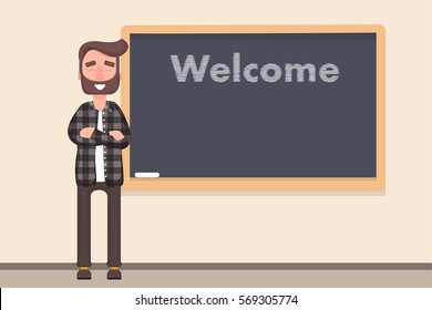 University professor standing in front of the board met with the students. Sleek style vector illustration on a light background.Flat. Vector.