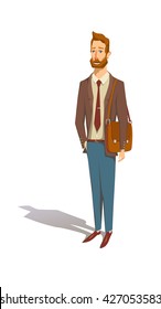 University Professor. Teacher man. Businessman with case. Smiling guy standing with laptop bag. Cartoon vector illustration.