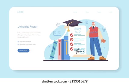 University professor web banner or landing page. Lecturer standing in front of chalkboard with formulas. University rector profession, bachelor and master degree diploma. Flat vector illustration