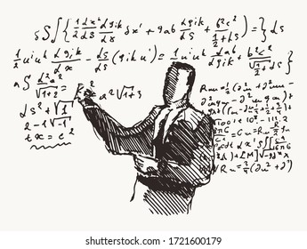University professor writes formulas on blackboard. Mathematics, physics, distance learning. Vector illustration, sketch