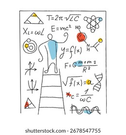 Professor universitário escrevendo fórmulas sobre quadro negro ilustração vetor minimalista