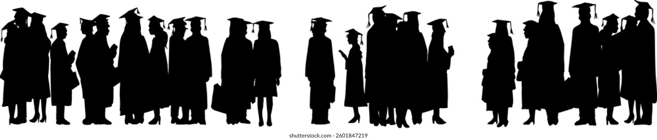 University professors, teachers and students. Silhouette of a group of people standing. Vector horizontal border.