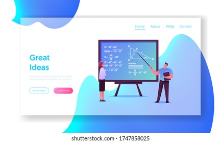 University Professors Use Left Brain Part for Studying Science Landing Page Template. Scientists Characters Stand at Chalkboard Solve Mathematics Formula Equation. Cartoon People Vector Illustration