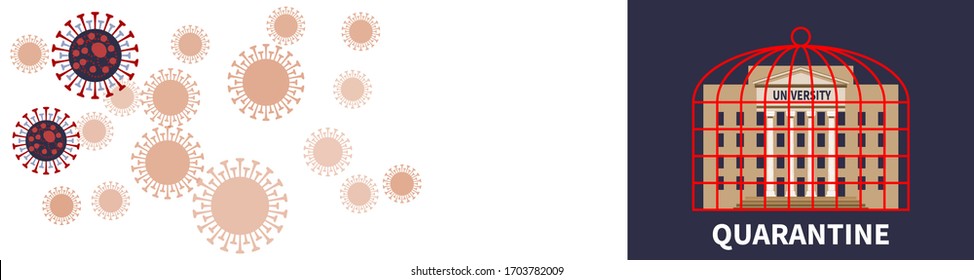 University quarantine banner. COVID-19 coronavirus epidemic. Lockdown. University locked in cage. Stay at home. University cancellation lessons. Pandemic health risk theme. Coronavirus protection