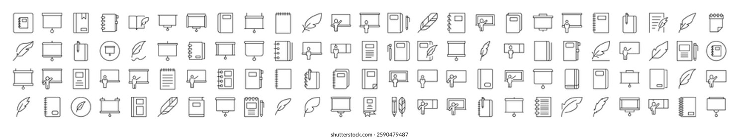 University Related Outline Icon Set. Contains Icons of Professor, Teacher, Presentation Board, Notebook for Banners, Infographics, Books, Articles and Other Types of Design