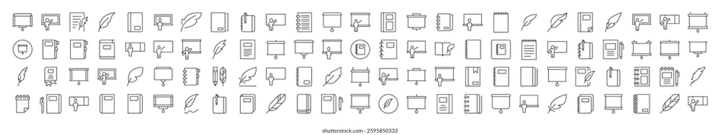 University Related Outline Image Set. Contains Icons of Professor, Teacher, Presentation Board, Notebook for Banners, Infographics, Books, Articles and Other Types of Design