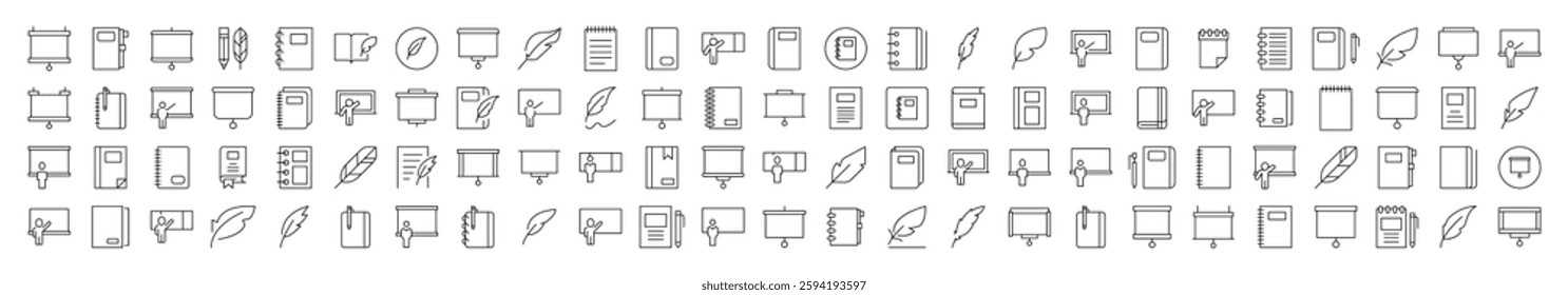 University Related Outline Picture Set. Contains Icons of Professor, Teacher, Presentation Board, Notebook for Banners, Infographics, Books, Articles and Other Types of Design