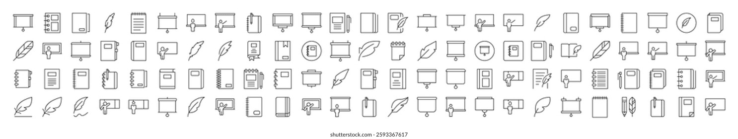 University Related Outline Symbol Set. Contains Icons of Professor, Teacher, Presentation Board, Notebook for Banners, Infographics, Books, Articles and Other Types of Design