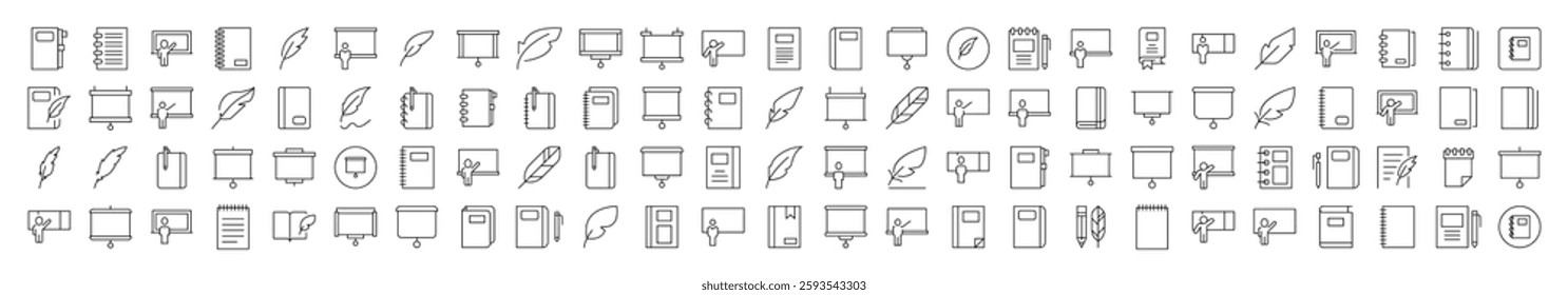 University Related Outline Symbol Set. Contains Icons of Professor, Teacher, Presentation Board, Notebook for Banners, Infographics, Books, Articles and Other Types of Design