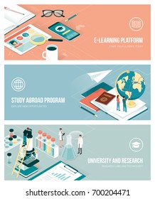 University, research and studying abroad concept with isometric people and objects, banners set