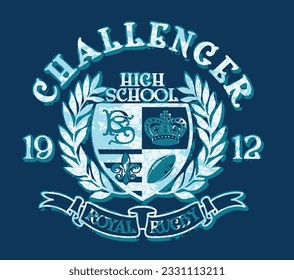 University Royal rugby challenge tournament badge vintage vector print for boy man t shirt grunge effect in separate layers