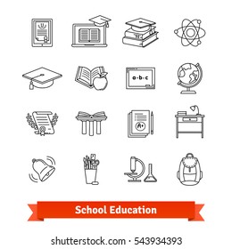 University and school academic education signs set. Thin line art icons. Flat style illustrations isolated on white.