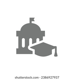 University or school building with graduation cap or hat. Education, student vector icon symbol.