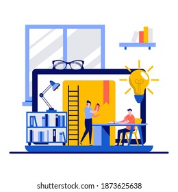 University, school or course education concept with tiny character. Students learning from home or classroom with reading paper book, digital ebook flat vector illustration. Online training courses.