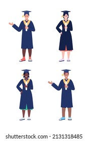 University and school graduates semi flat color vector characters set. Standing figures. Full body people on white. Ceremony simple cartoon style illustration for web graphic design and animation pack