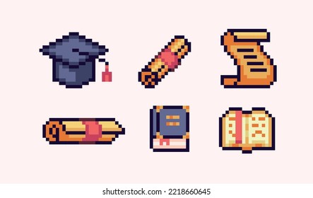 University, school icons pixel art set. Education certificate and graduate hat collection. Books and scrolls. 8 bit sprite. Game development, mobile app.  Isolated vector illustration.