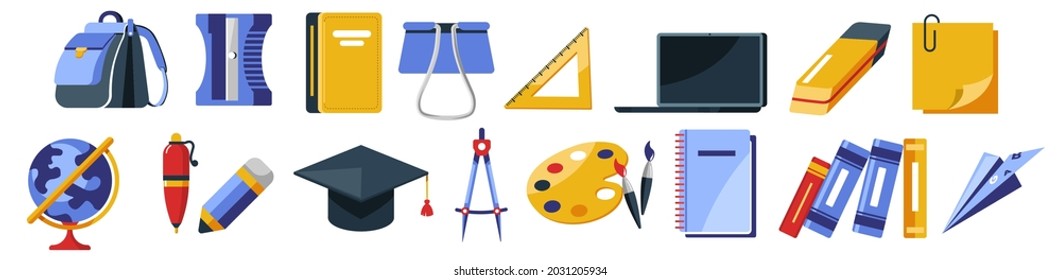 University or school supplies for studying and obtaining knowledge. Isolated books and rucksack, globe and graduation hat, pencil and eraser, clipper and textbooks journal. Vector in flat style