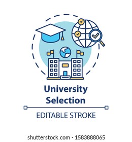 University Selection Concept Icon. Choose College. Higher Education Abroad. International Distance Learning Idea Thin Line Illustration. Vector Isolated Outline Drawing. Editable Stroke