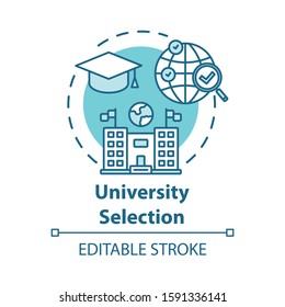 University selection concept icon. Choose college. Higher education abroad. International distance learning idea thin line illustration. Vector isolated outline drawing. Editable stroke