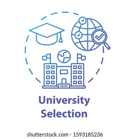 University selection concept icon. Choose college. Higher education abroad. International distance learning idea thin line illustration. Vector isolated outline drawing