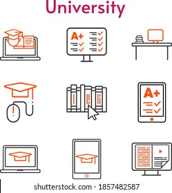 university set. included ereader, desktop, student-laptop, ebook, test, elearning, book, student-tablet, training icons. bicolor styles.