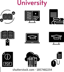 university set. included feedback, cloud, ebook, student-laptop, pdf, online-learning, student-desktop, click icons. filled styles.