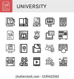 university simple icons set. Contains such icons as Graduation, Graduate, Book, Books, Ebook, Magazine, Degree, Reading, Curriculum, Student, can be used for web, mobile and logo