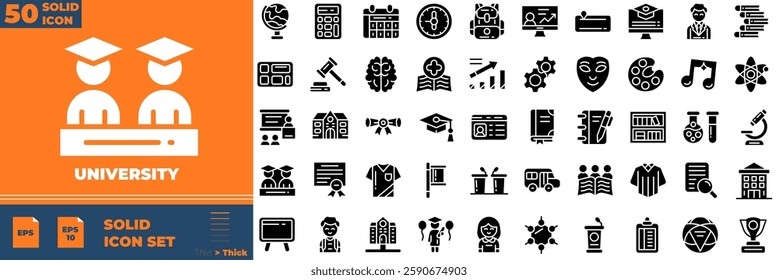 University Solid Editable Icons set. Vector illustration in modern thin solid style of university icons: knowledge, college, task list, etc