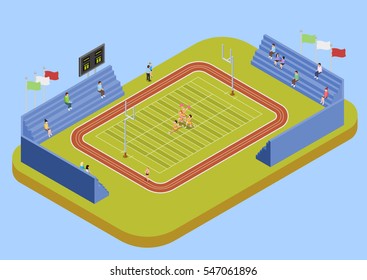 University sport complex american football stadium with public fans and cheerleaders performance isometric view poster vector Ilustration 