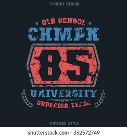 University sports emblem. Graphic design for t-shirt. Color print on black  background