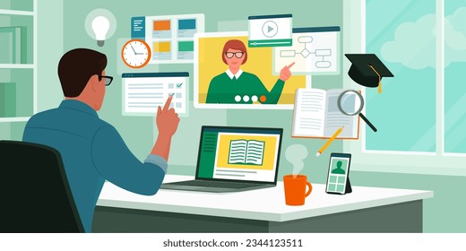 University student attending online classes at home, he is interacting with digital interfaces: online learning concept