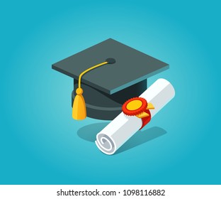 University student cap mortar board and diploma