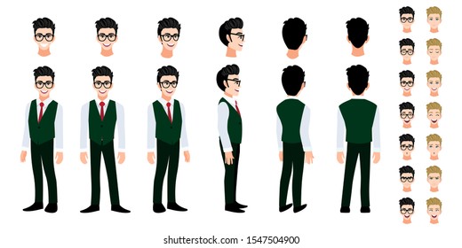 University student cartoon character head set and animation. Front, side, back, 3-4 view character. Flat icon design vector