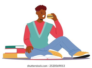 O Estudante Universitário Senta-Se Confortavelmente Enquanto Desfruta De Burger E Estuda. Imagem De Vetor De Desenho Animado Retrata Ambiente De Estudo Calmo E Casual Com Livros Próximos, Sugerindo Uma Vida Estudantil Equilibrada