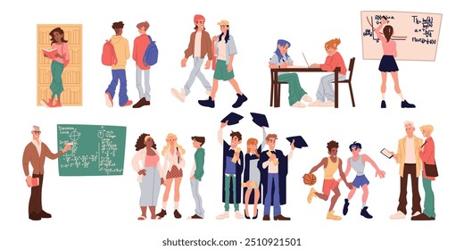 University student. College education. People study. Classmates walk in park. Campus exterior. Academy building. Summer bachelor graduation. Friends talk. Read in library. Vector school persons set