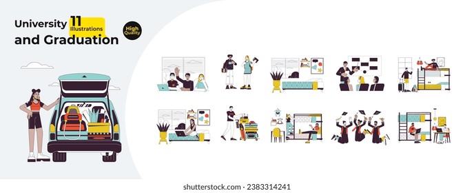 University student college life line cartoon flat illustration bundle. Young adults 2D lineart characters isolated on white background. Graduation, dorm room scenes vector color image collection