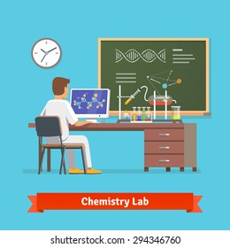 University student doing research in chemistry lab. Looking at molecular structure of chemical compound received in experiment. Flat vector illustration.
