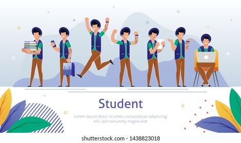University Student Education Flat Vector Banner Template with Young Man in Different Studying Situations, Carrying Books. Working on Laptop. Using Cellphone, Reading Testing Results Illustration