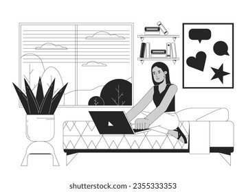 University student homework bw vector spot illustration. Studying college student laptop in bed 2D cartoon flat line monochromatic character for web UI design. Editable isolated outline hero image