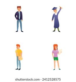 University student icons set cartoon vector. Student guy and girl. Learning and education