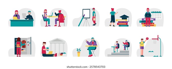 University student, intellectual learning. Character design. Vector flat illustration packs
